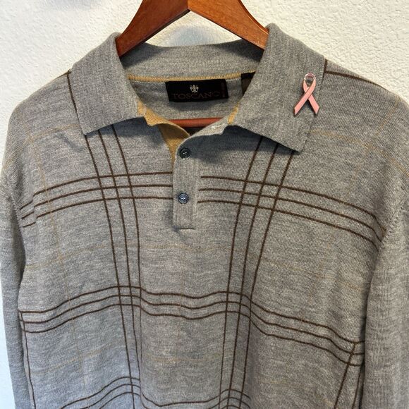 Mens Toscano Button Collar Polo Sweater Large Plaid Gray 100% Wool Made in Italy - Picture 4 of 14
